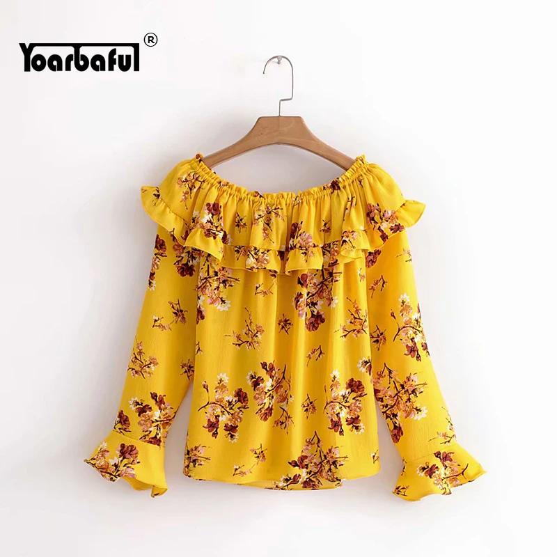 Сексуальные оборки открытые плечи топы для женщин 2019 летние желтые рубашки с