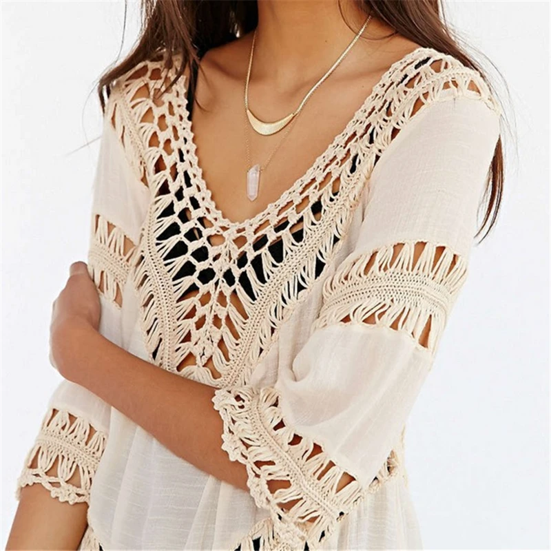 

Sleeve Cover Up Bikini Bathing Suit Swim Cover Ups Beachwear Women Swimsuit Robe de plage Crochet White Pareo Tunic Beach Dress