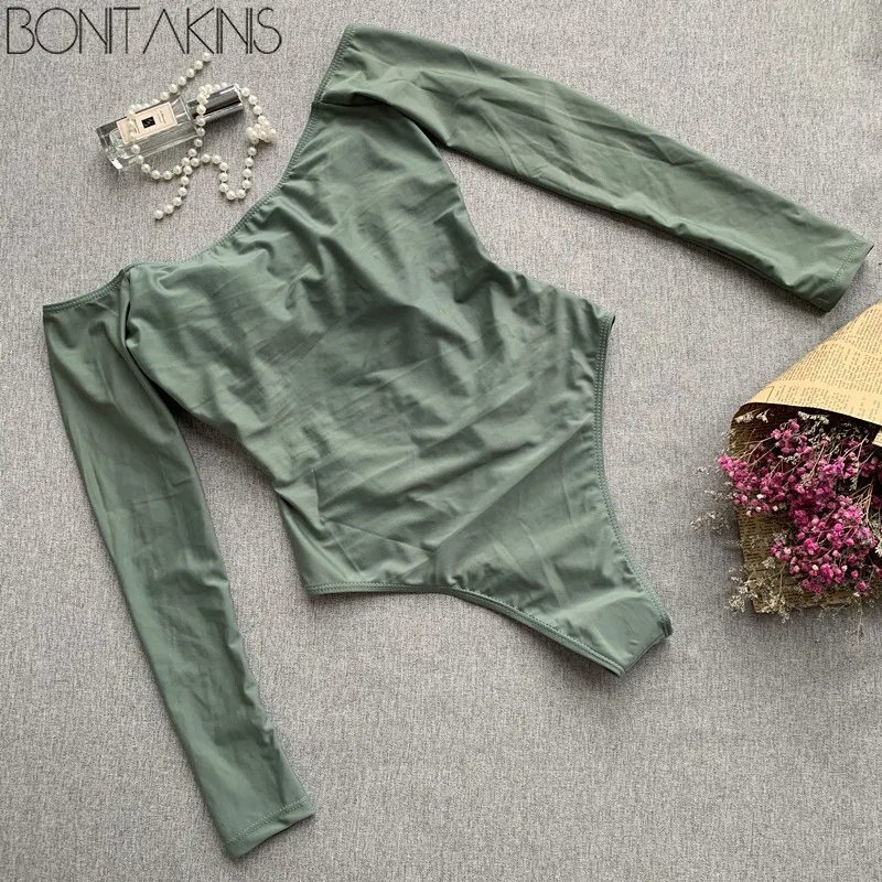 Bonitakinis 2019 с длинным рукавом чистый цвет цельный купальник сексуальный женский