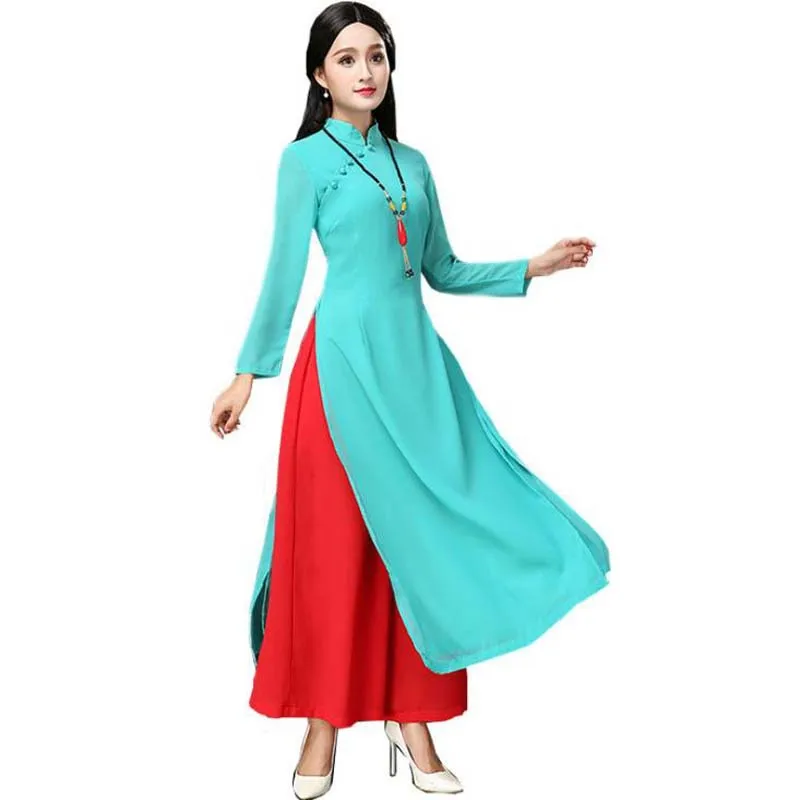 2 шт. вьетнамские комплекты Aodai пикантный женский Чонсам плюс 3XL винтажное длинное