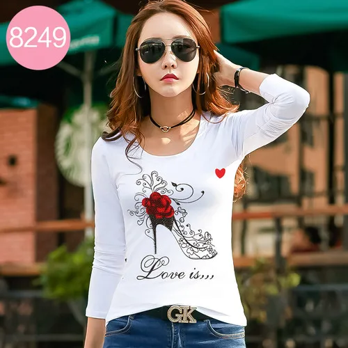 8249 White Новинка, Женская Весенняя уличная Модная белая футболка с круглым вырезом и длинным рукавом с модным принтом, топы, женские повседневные стразы, футболки - Цвет: 8249 White