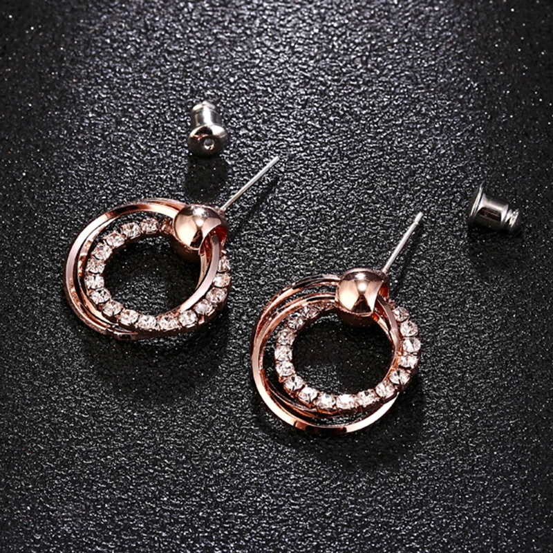 

XIYANIKE New Fashion Exquisite Double Round Rhinestone Stud Earrings Rose Gold Color Earrings For Women/Girls Jewelry E395