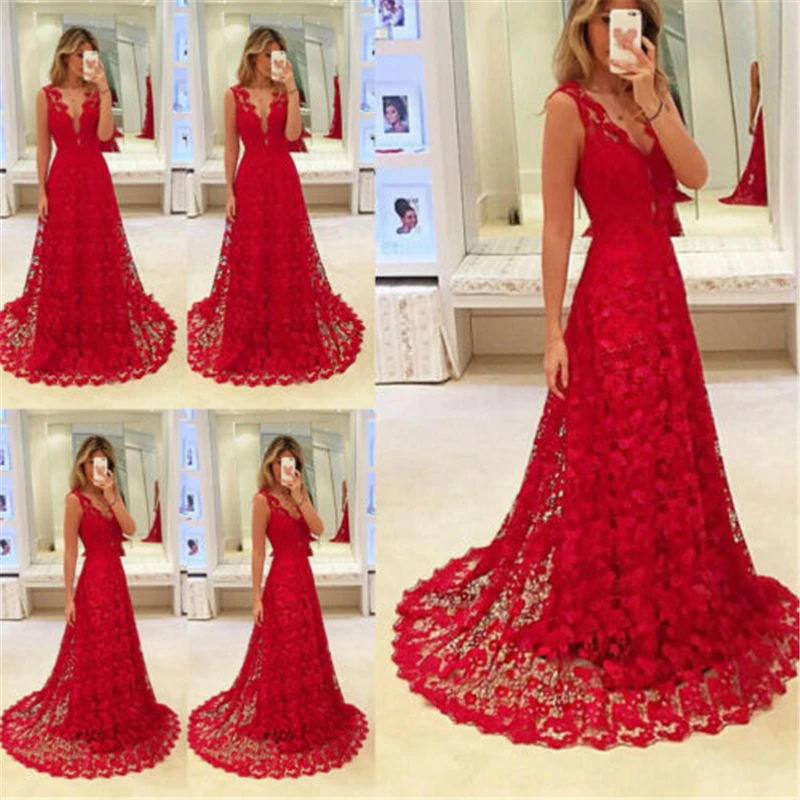 Женское платье для свадебной вечеринки Красное Кружевное длинное без рукавов с