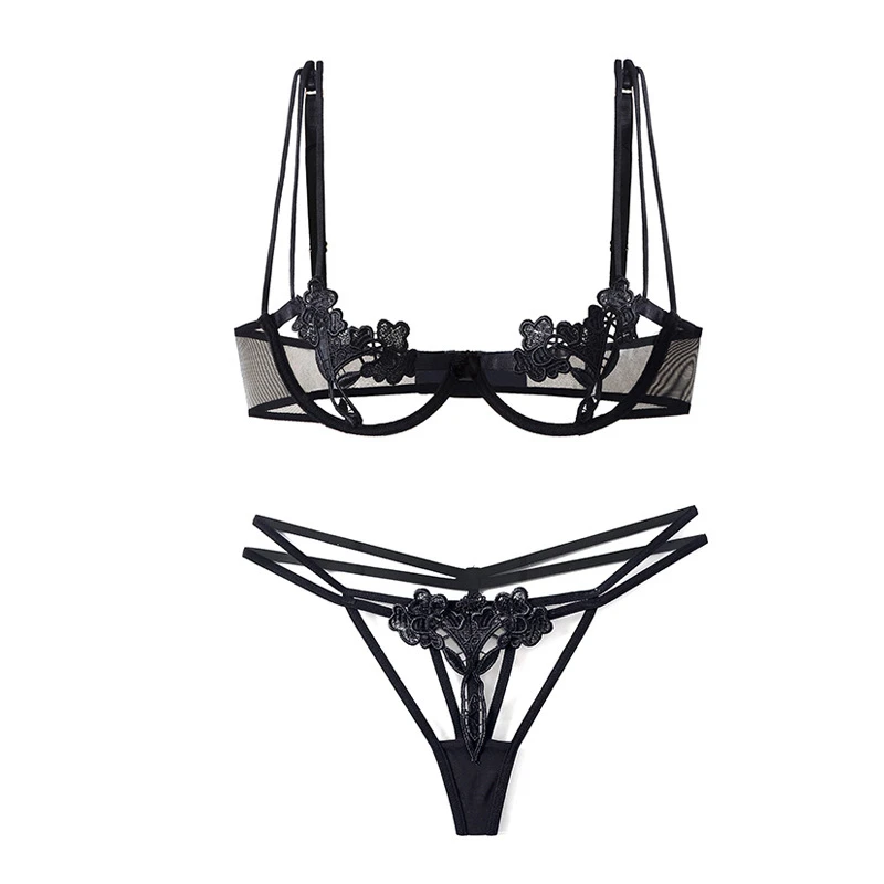 black lingerie set Comeondear, женское нижнее белье, набор, вышивка, открытая чашка, бюстгальтер+ трусики+ стальное кольцо, сексуальный набор, черный порно комбинация Экзотическая одежда RA8075 - Цвет: black lingerie set