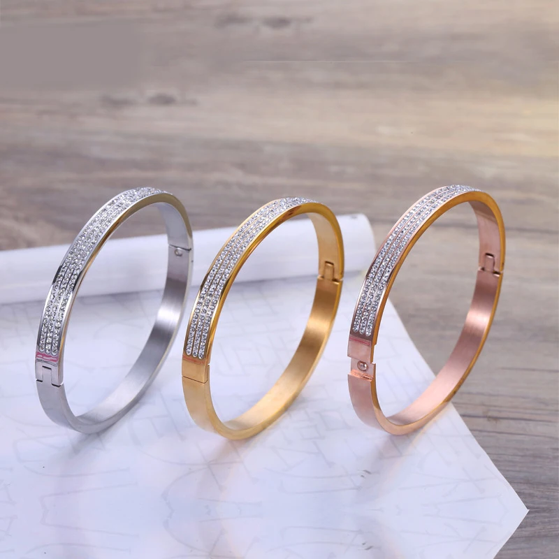 

Hot Sale Full Stones Three Rows Rhinestone CZ Rose Gold Color / Silver Color / Gold Color Stainless Steel Bracelets