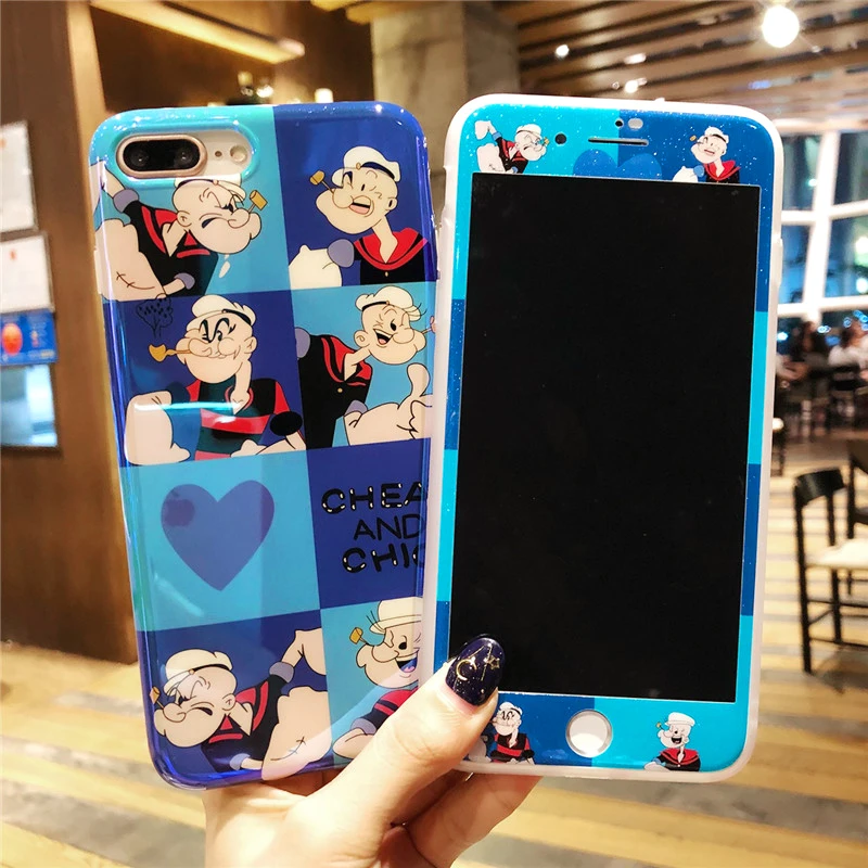 For iPhone 8plus Cute Popeye the Sailor case &ampTempered Glass Screen film X 7 7Plus 8 6 6S 6Splus Blue ray Soft Capa |