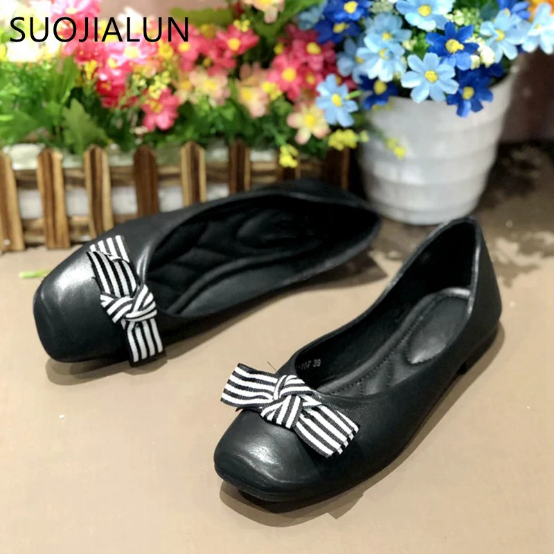 SUOJIALUN 2019 Spring New Women Flats Shoes Ballet Flats Slip On Loafers Womens Zapatos Mujer Ballet Flats Womens Casual Shoes