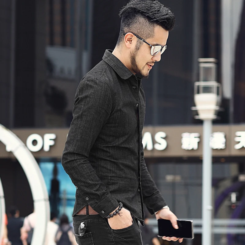 Мужская Новая модная повседневная приталенная джинсовая рубашка с длинным