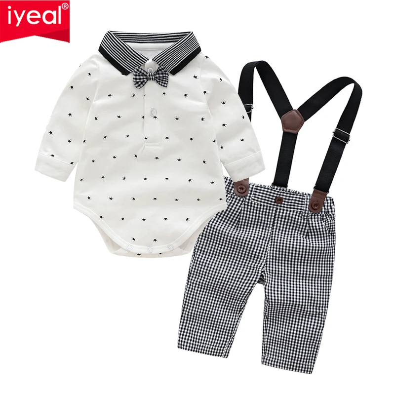 

IYEAL Newborn Baby Boy Outfits Set 2pcs Long Sleeves Bow Ties Shirts + Plaid Suspenders Pants Toddler Boy Gentleman Suits 0-18M