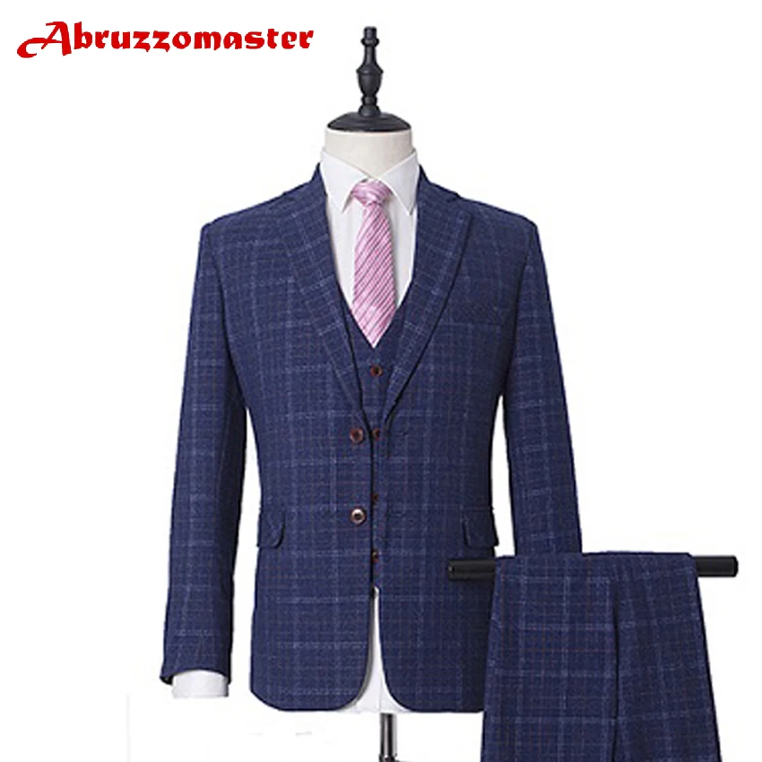 

Blue Dinner Suit Single Breasted Wedding suit Tailor Blazer 2022 Plaid Suit Groom Tuxedos England Suits (Jacket+pants+vest)