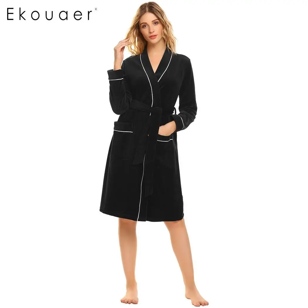 Ekouaer, Женский бархатный халат, пижама, кимоно, хлопок, халат, однотонный, зима, осень, длинный рукав, карман, пэчворк, пижама, спа халаты