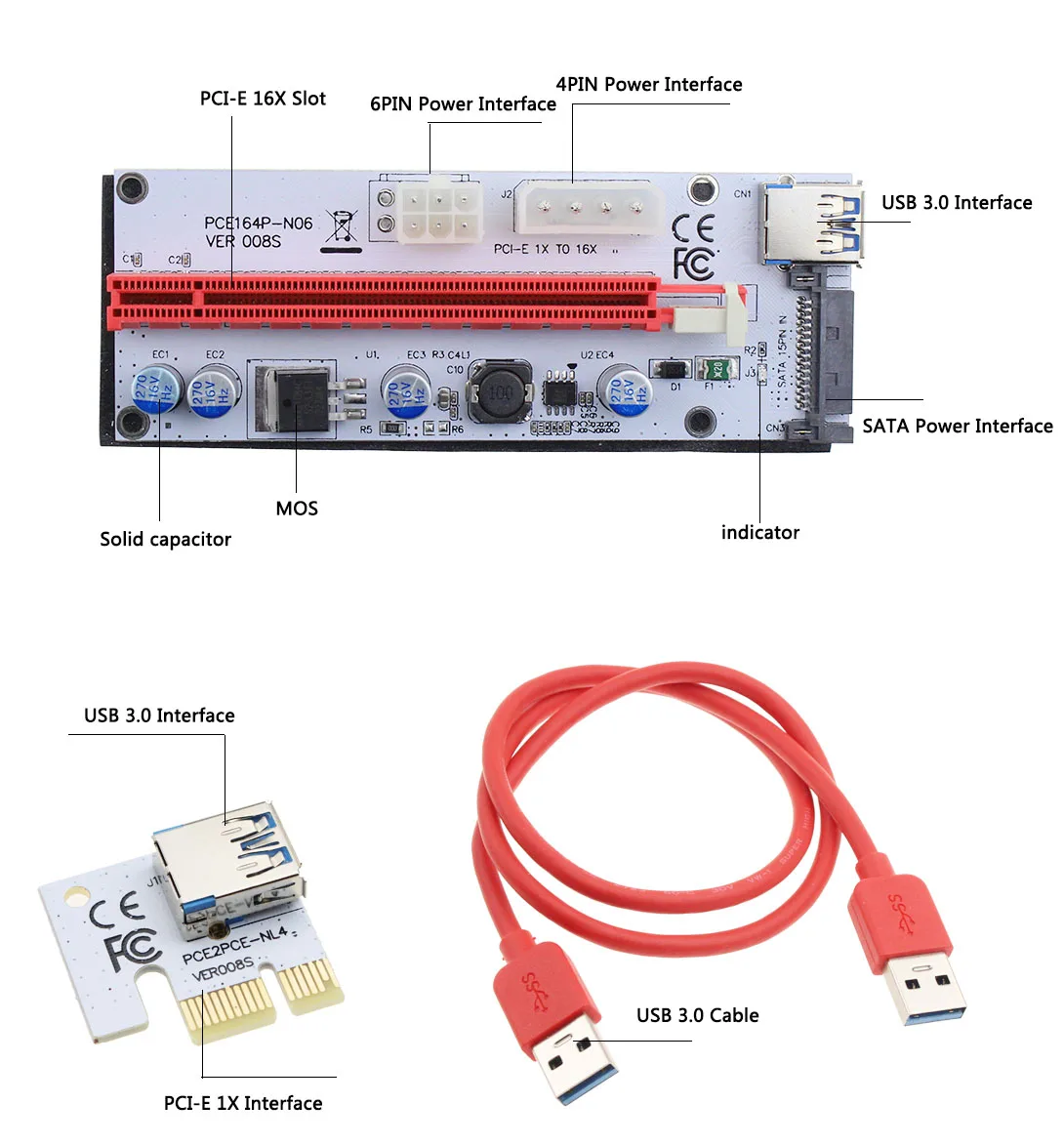 6pcs 008s 3 in 1 pcie pci e pci express riser card 1x to 16x usb 3 0 data cable for bitcoin mining btc graphics card free global shipping