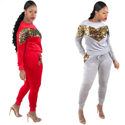 Women Tracksuit two Pieces Set Winter Embroidery Velvet Sequin Casual long sleeve Tops + Long Pants Suit 2 Piece Outfits |
