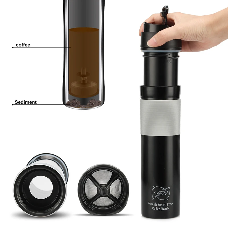 

Portable French Press Coffe Bottle Plastic Outdoor Vacuum Coffee Plunger Filter Coffee Cup Travel Coffee Mug for Coffee 300ml