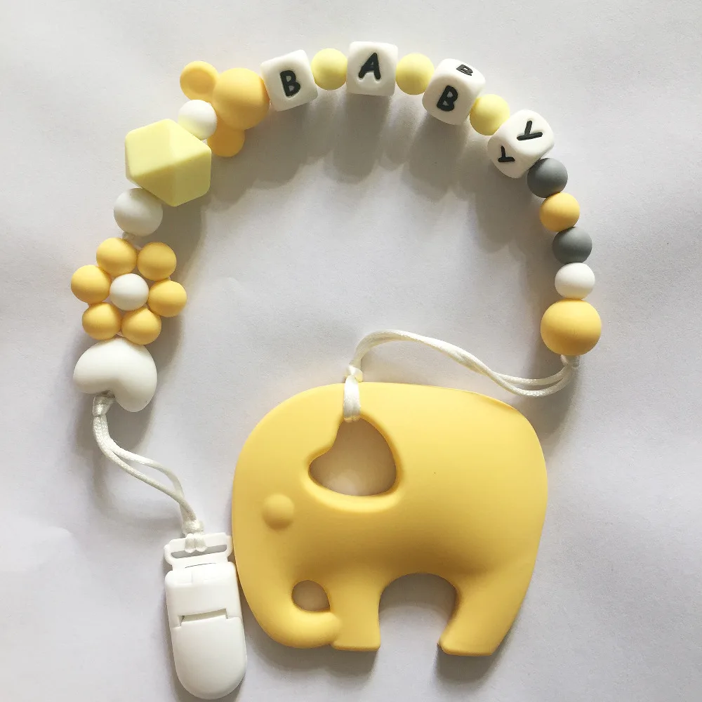 

Personalized Name Silicone Teething Pacifier Clips with Elephant Silicone teether Pacifier Chain Necklace for Baby Chew Toys