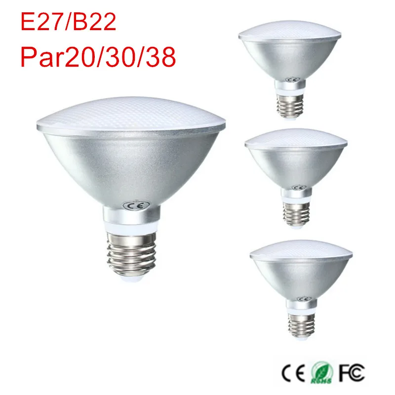 

10 шт./лот B22/E27 9 Вт/12 Вт/15 Вт PAR20 PAR30 PAR38 Водонепроницаемая IP65 Светодиодная Лампочка для внутреннего освещения с регулируемой яркостью