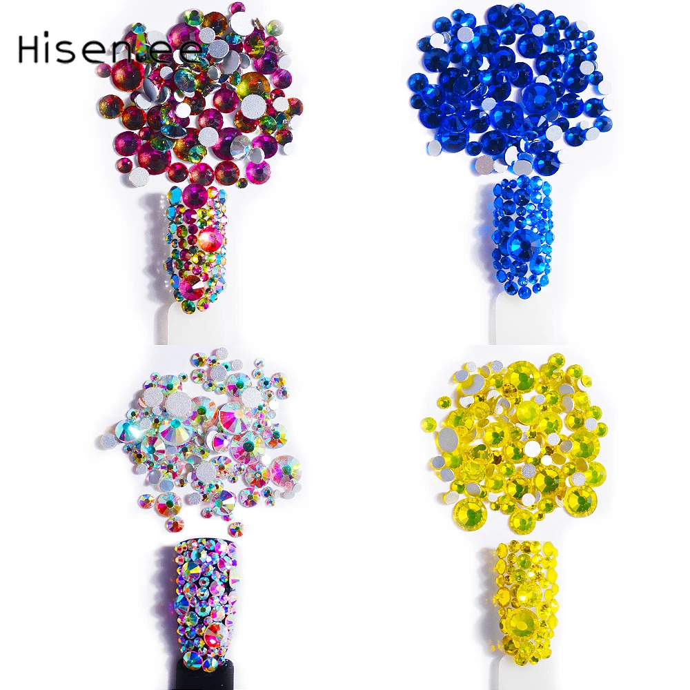 Hisenlee, 1000 шт, SS4-SS30, разные размеры, стразы с кристаллами, 15 цветов, для дизайна ногтей, стразы с блестками, шпильки для ногтей, художественные украшения