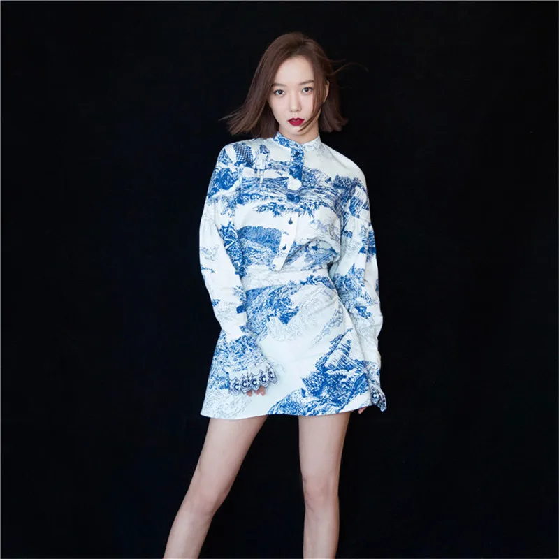 2019 летнее тонкое синее платье с длинными рукавами и принтом две цены СО СТОЯЩИМ