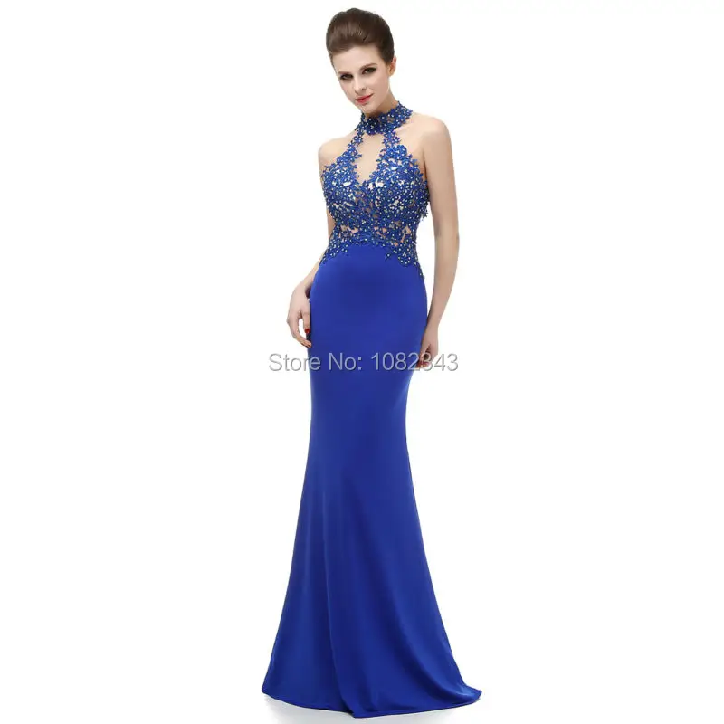 Real Sample Royal Blue Chiffon Appliques Long Evening Dresses 2019 Mermaid Beading Halter Floor Length Dress 05DB257 | Свадьбы и