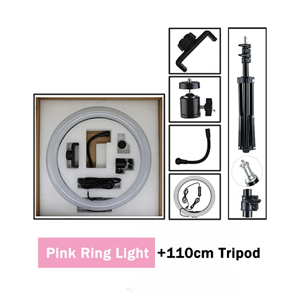 pink and 110 tripod 1" Диммируемые лампы светодиодный кольцевой светильник для селфи светильник для фотостудии светильник для фотосъемки с штативом для телефона видео макияж Youtube Live - Цвет: pink and 110 tripod