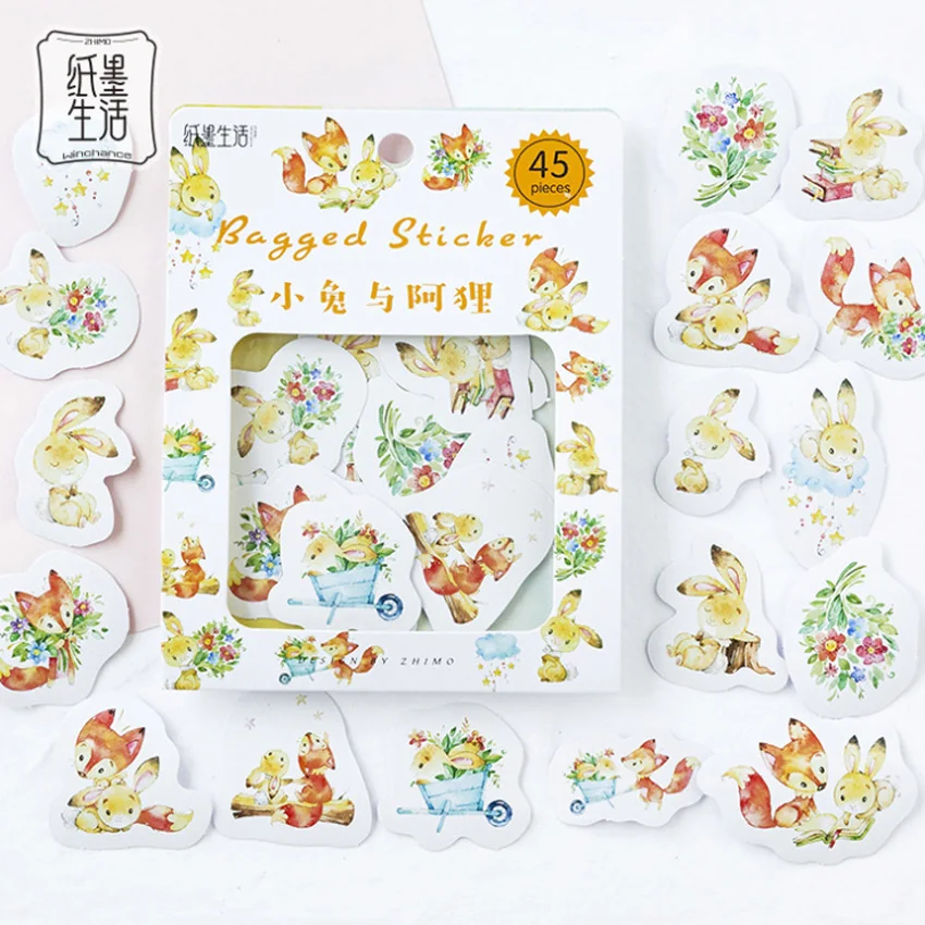 Rabbit and Fox 45 шт./упак. мультфильм цветы продукты животные СТИКЕРЫ пакет Kawaii планировщик для скрапбукинга наклейки Escolar школьные принадлежности - Цвет: Rabbit and Fox