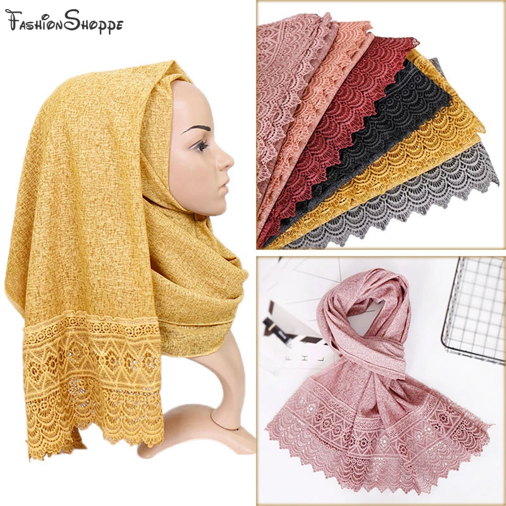 Хлопок Кружева жемчуг хиджаб шарф Макси эластичные Обертывания шарфы бандхну