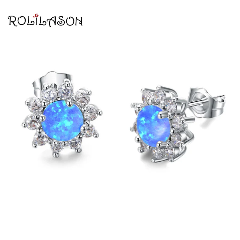 

ROLILASON Round white Crystal Party Fashion Jewelry Blue Fire Opal Stamped Silver Stamped Stud Earrings For women OES681