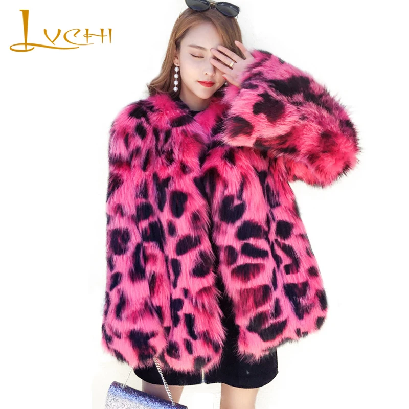 

LVCHI Winter 2019 Real Fox Fur Coat O-Neck Slim Natural Fox Fur Coat Women's Long Sleeve Print Leopard Loss Medium Fox Fur Coats