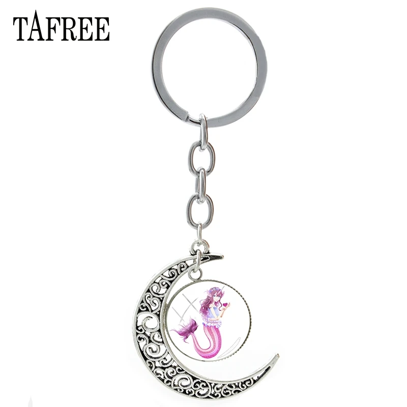 

TAFREE Mermaid Elves Moon Pendant Keychain Cute Fairy Jewelry Hot Sale Men Women Pendant Keyring Key Chain For Keys