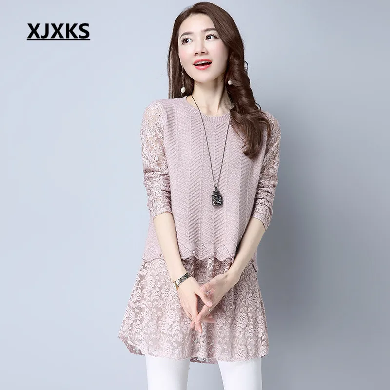 Женский Длинный свитер XJXKS длинный трикотажный из двух предметов с жемчугом и