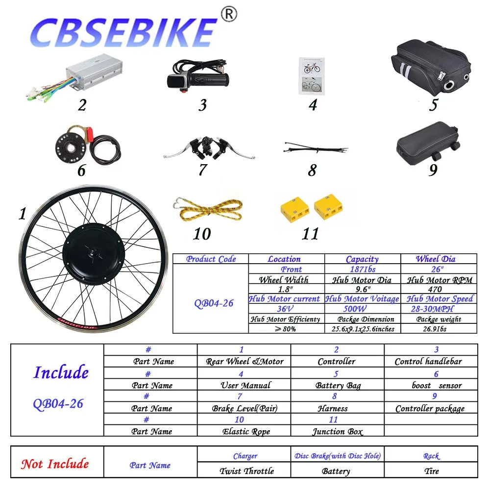 CBSEBIKE Ebike 26 дюймов переднее колесо комплект высокоскоростное преобразование 48v500w Мотор Ступицы QC04-26 - Цвет: 26inch  36v500w QB4