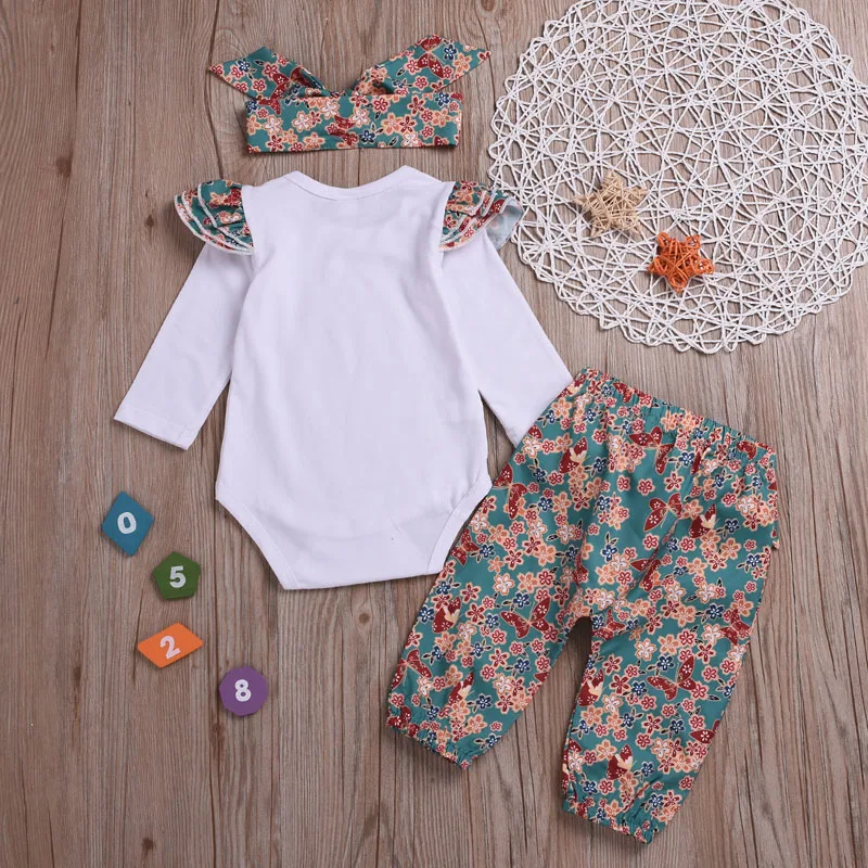 Комплект одежды для новорожденных девочек топ комбинезон штаны с бантом повязка