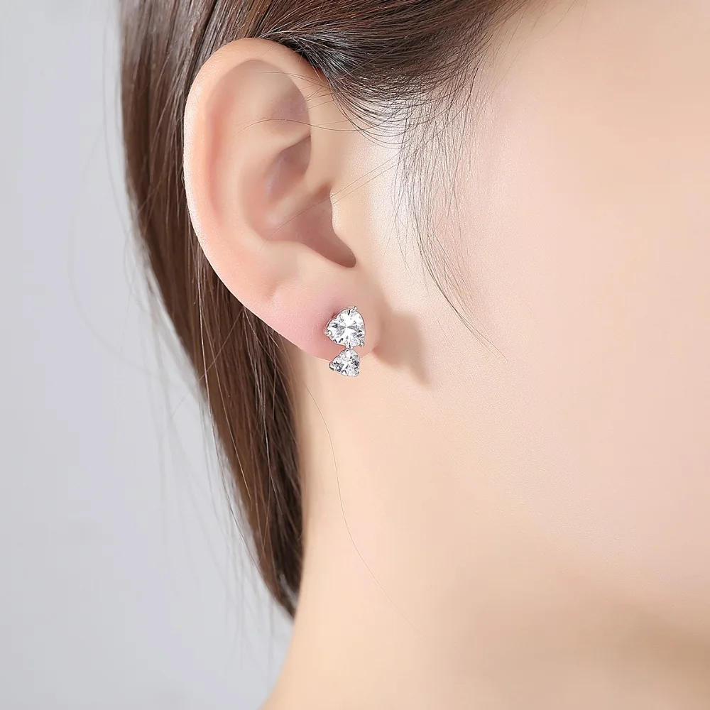 LUOTEEMI New Simple Design Two Heart Shape Zirconias Stud Earrings Cute Love Friend Birthday Gift for Girl Party Jewelry