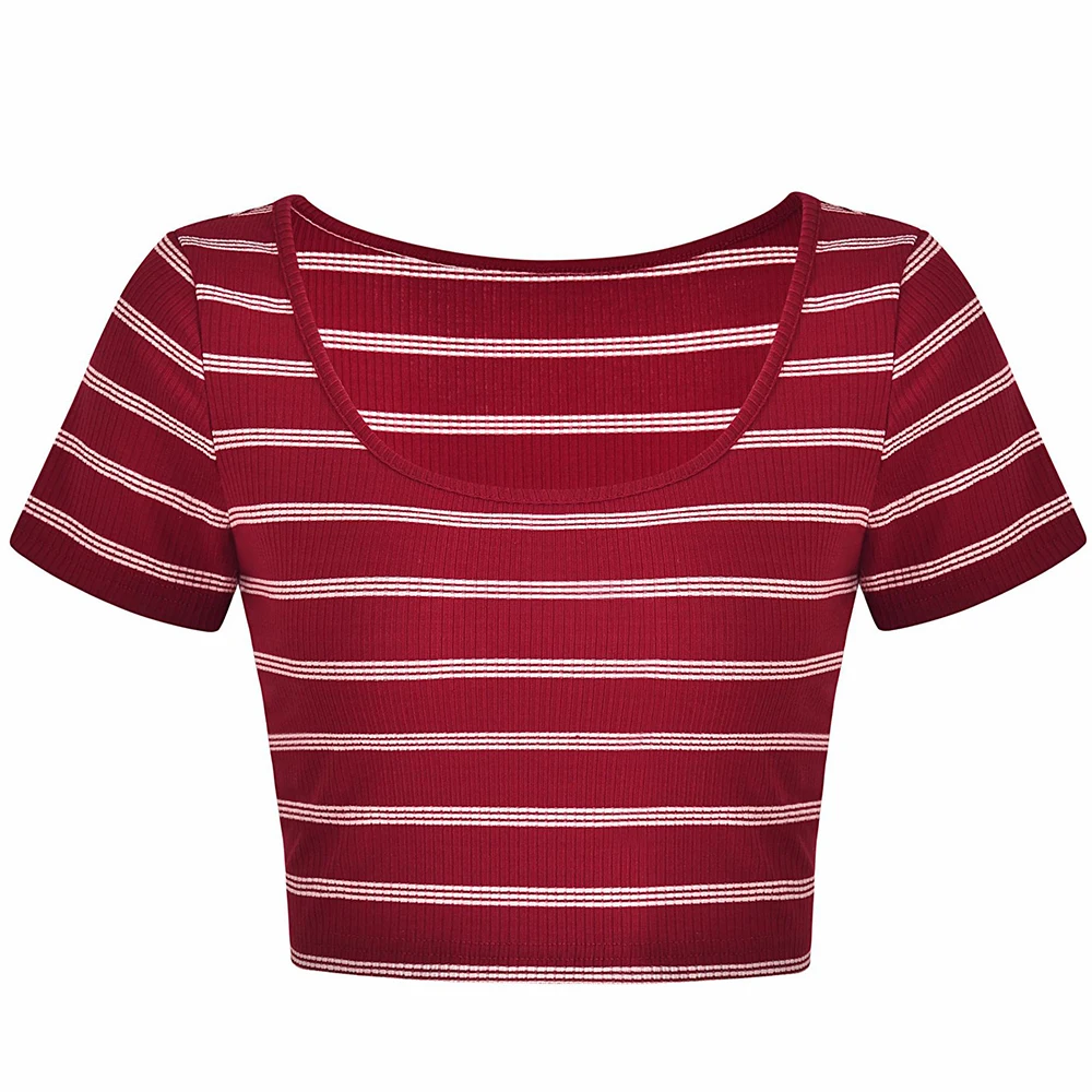 2018 New Short Sleeves Tops Sexy Women Basic Tees Cropped Fashion Slim Fitting Tank Corset Clubwear Red Striped Blouse |