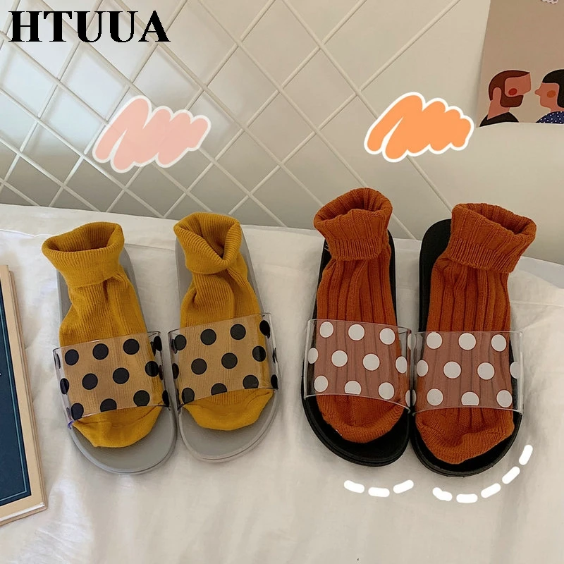 HTUUA/прозрачные ПВХ тапки в точку женские прозрачные сандалии шлепанцы на плоской
