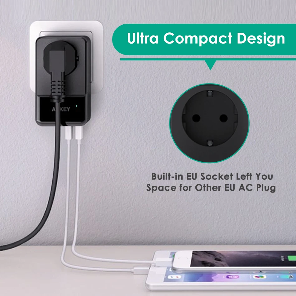 AUKEY USB зарядное устройство 16A настенная розетка + 30 Вт 4 Смарт Мобильный телефон