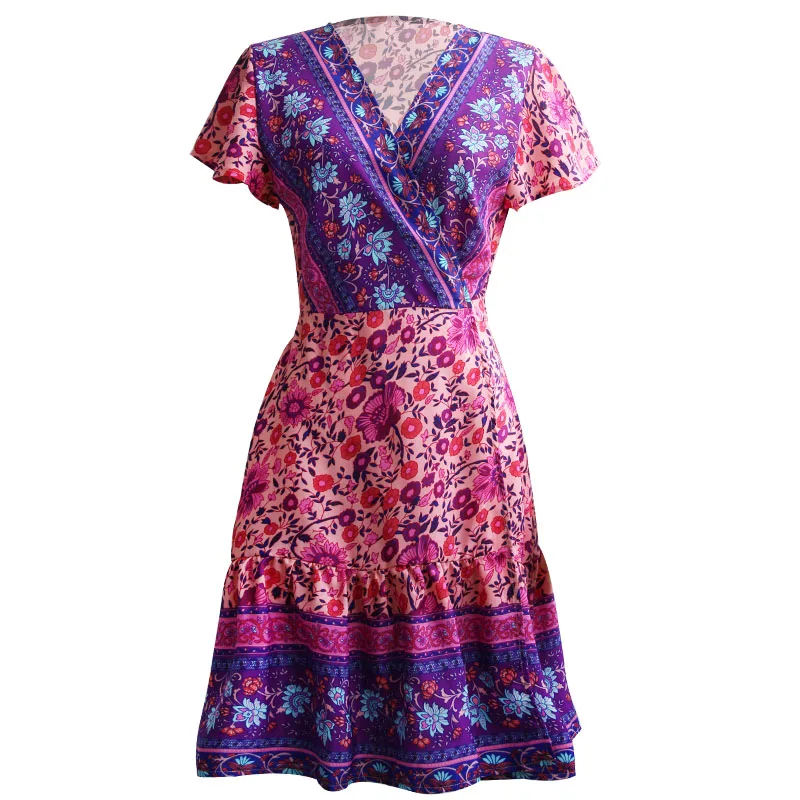 Boho Винтаж мини платье Для женщин V шеи Цветочный принт платья с короткими