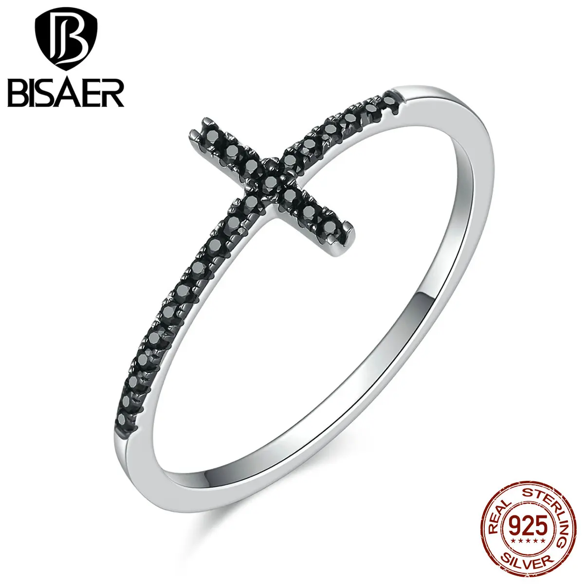BISAER Настоящее 925 пробы серебро вера крест черный CZ женские кольца на палец женское кольцо из стерлингового серебра ювелирные изделия Anel ECR067