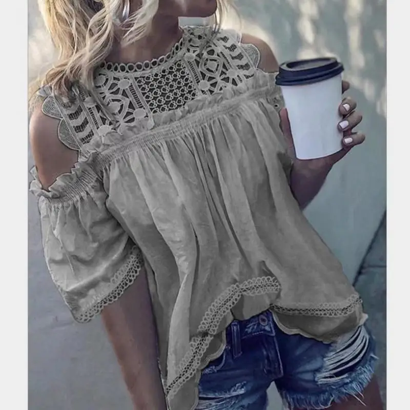

Hollow Out Blouse Women Solid Color Short Sleeve Shirt 2020 Off Shoulder Ruffle Tops Casual Blouses Plus Size S-XXL