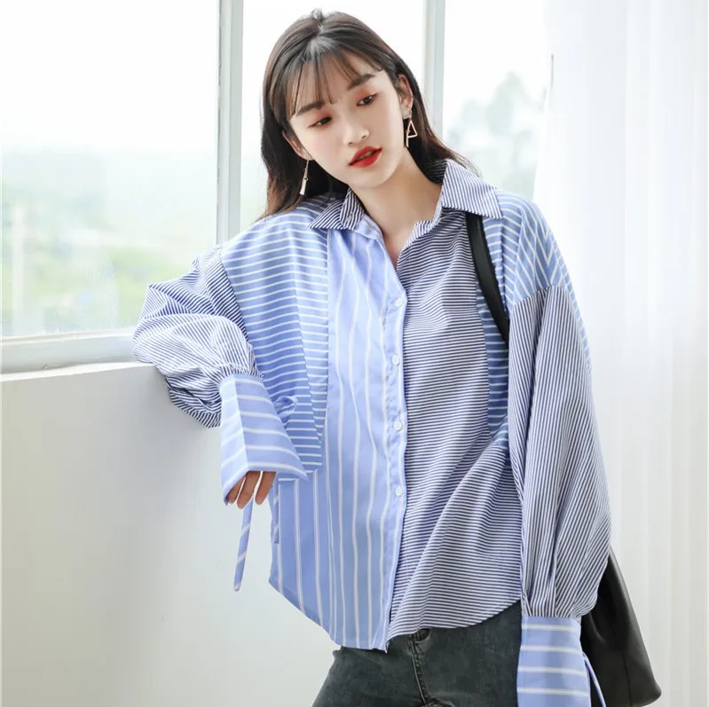 REALEFT Новое поступление Женская Повседневная полосатая Лоскутная Блузка с