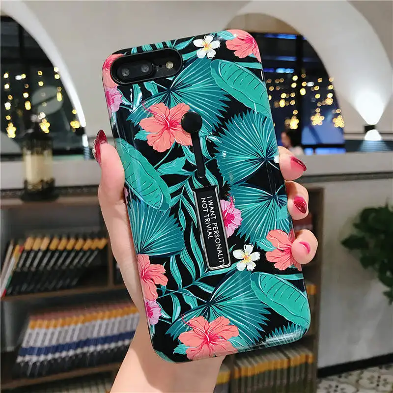 I Чехол для телефона с петельным кольцом для Apple iPhone 11 Pro XS Max XR X 6 6S 7 8 Plus, Модный чехол-подставка с цветами и листьями - Цвет: I