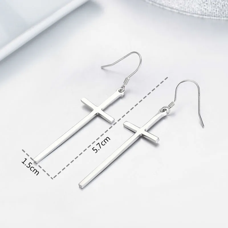 Real 925 Sterling Silver Long Cross Drop Dangle Hook Earrings For Women Girls Jewelry Gift Pendientes Aros Oorbellen Orecchini|earrings for|hook