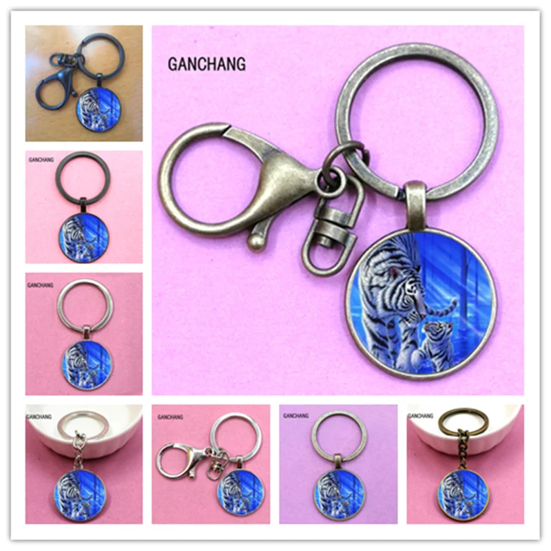 Брелок Белый Тигр фото Тибет серебро выпуклая круглая стеклянная подвеска