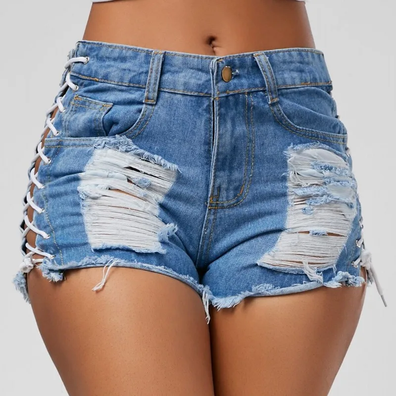 

Summer Hole Denim Jeans Shorts 2019 Women Sexy Lace Up Hollow Out Ripped Shorts High Waist Black Shorts Female