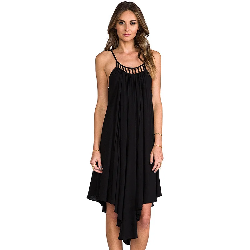 2015 New Black Sexy Chiffon Backless Straps Women Knee length Dress Summer Plus size Brand Irregular Asymmetric Dresses C379 | Женская