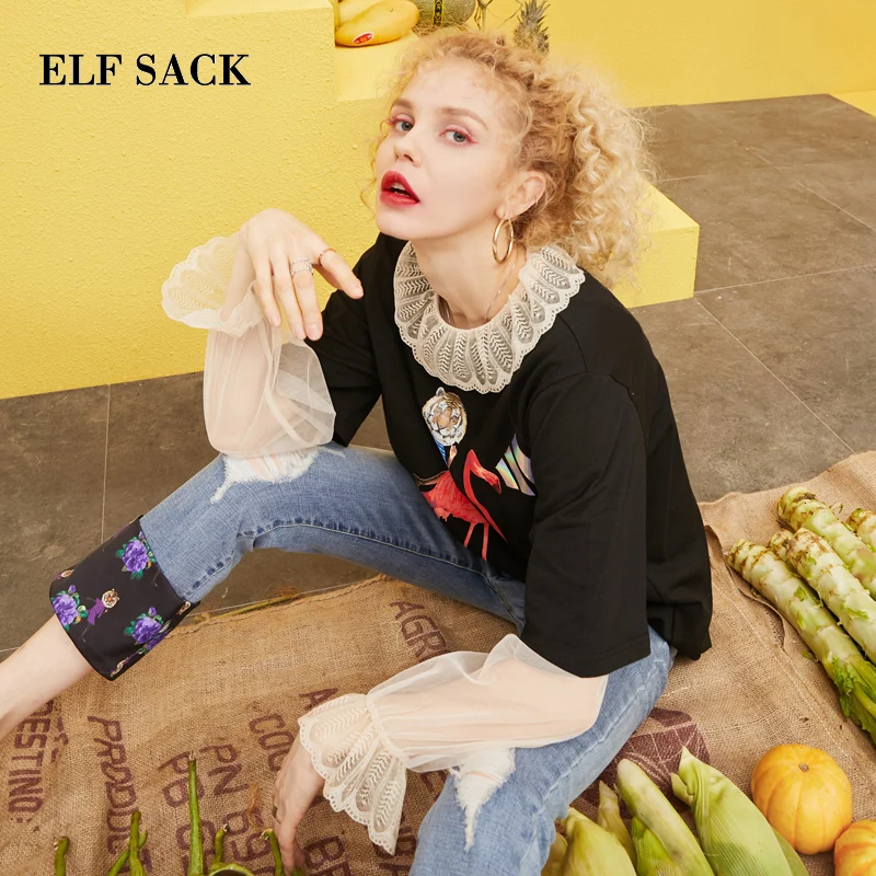 ELFSACK весна 2019 новинка большие размеры футболки для женщин хлопок на каждый день