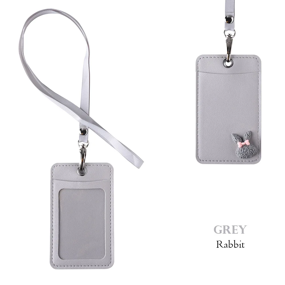 rabbit grey Кожаный держатель для карт с милым Кроликом, клубничкой, чехол для студенток, автобусов, карт, ремешок для девушек, значок для работы, удостоверение личности, две карты, чехол - Цвет: rabbit grey