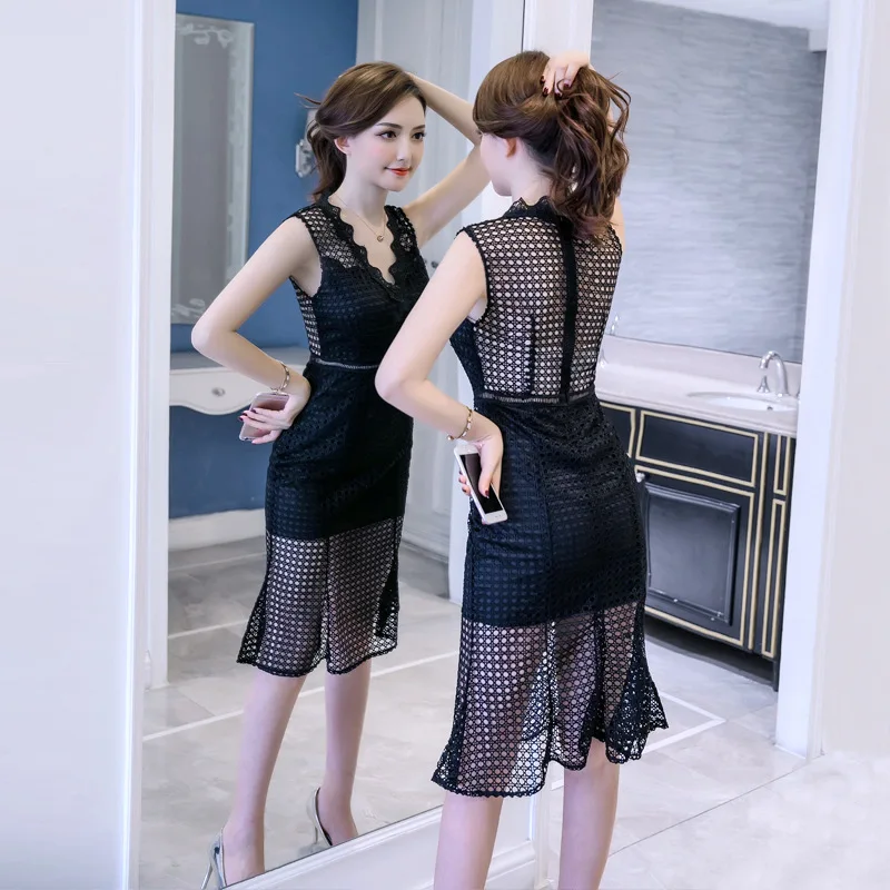Summer White Black Mermaid Dress V Neck Sleeveless Sundress Womens Bodycon Office Lady Sexy Party Midi A-Line Dresses Vestidos | Женская