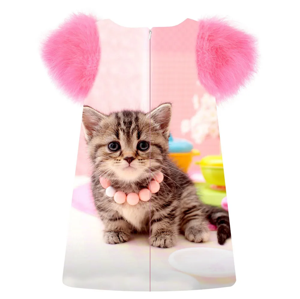 Toddler Girls Dress Birthday party Dresses Spring/Autumn faux fur sleeve Kids Children Clothing baby lovely cat print 2-10Y | Детская