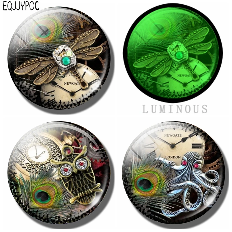 

Steampunk Owl Octopus Peacock Feather 30 MM Fridge Magnet Luminous Glass Dome Magnetic Refrigerator Stickers Cool Home Decor